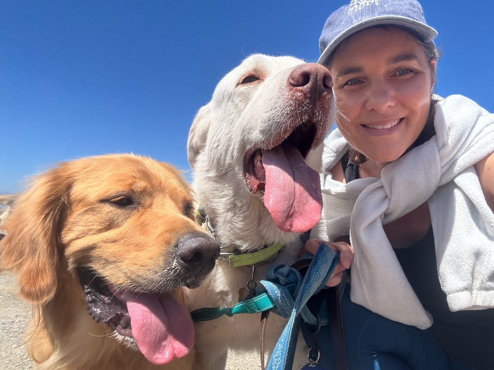 Georgia smiling with two happy dogs under a blue sky