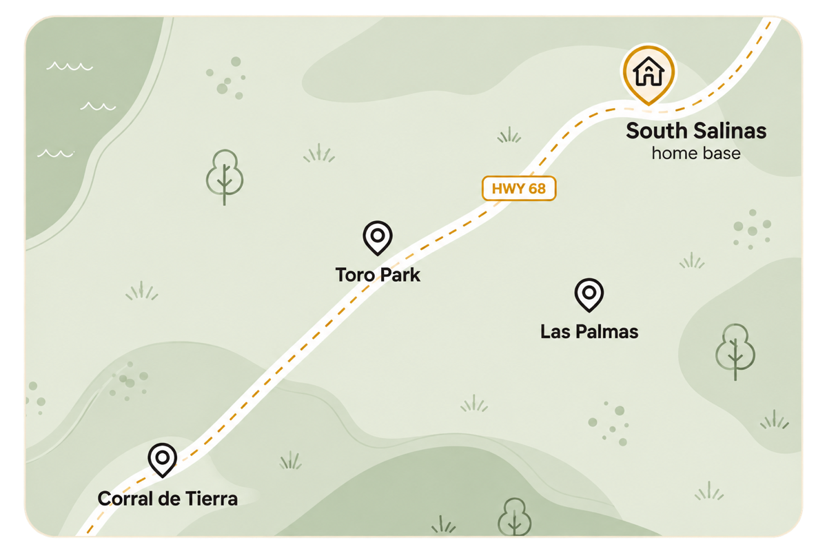 Illustrated map of Highway 68 with South Salinas, Toro Park, Las Palmas, and Corral de Tierra
